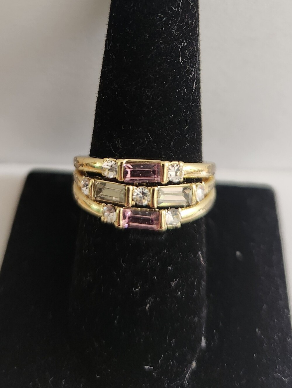 Gold-Tone Pink and Green Baguette Stackable Ring Set